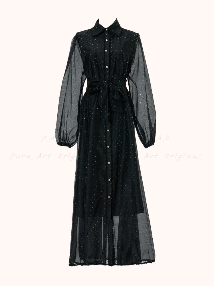 Rhinestone Organza Trim Tie-Waist Maxi Dress