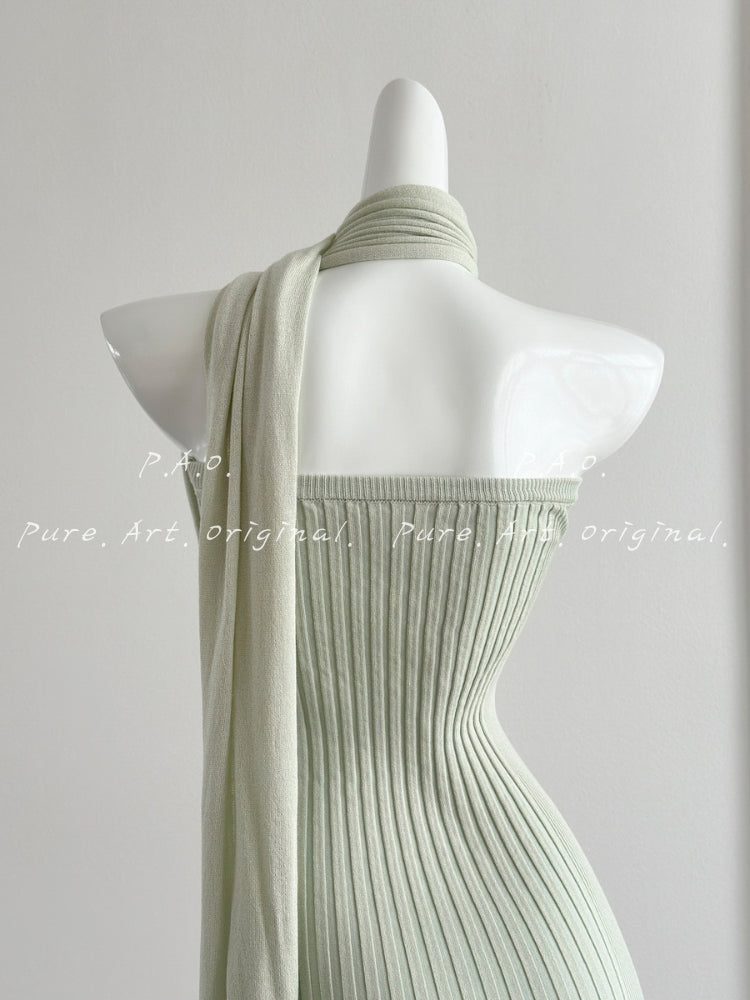 Asymmetrical Halter Tie Ribbed Bodycon Mini Dress