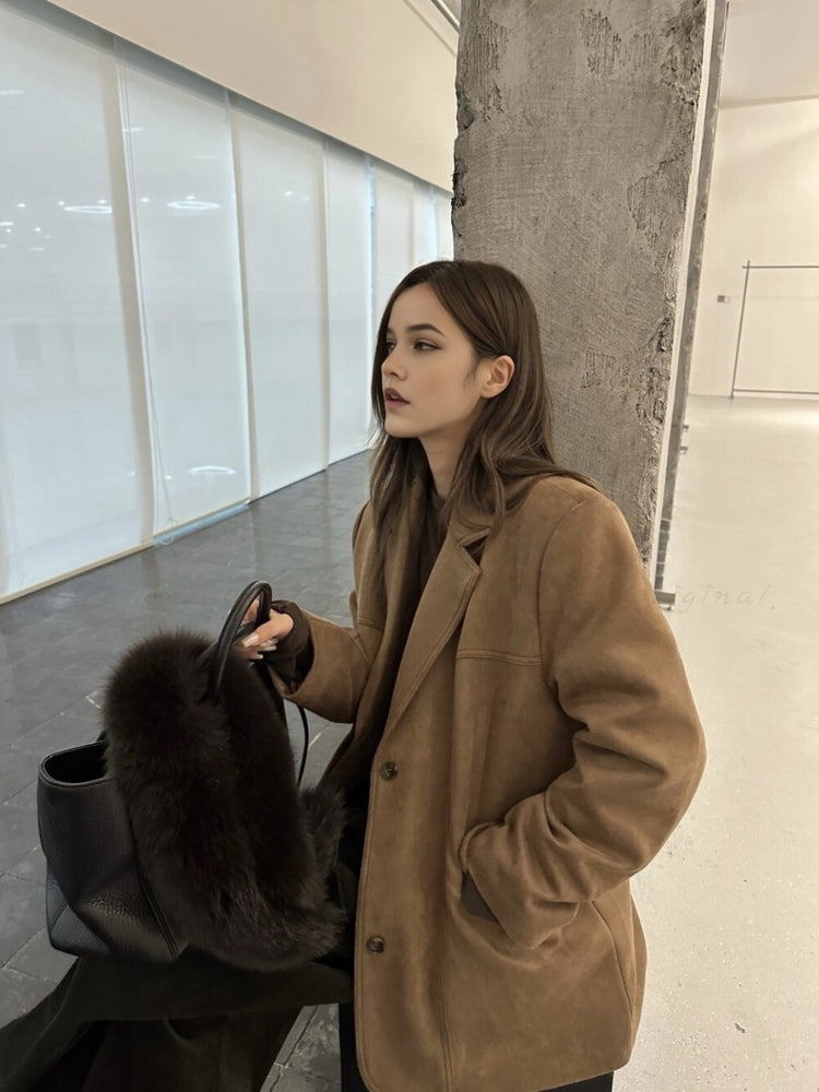 Vintage Faux Suede Padded Down Blazer Coat