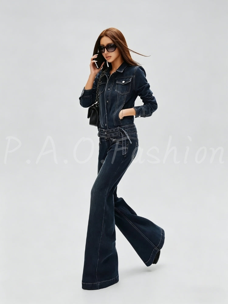 Vintage Belted Denim Jacket & Flared Jeans Set