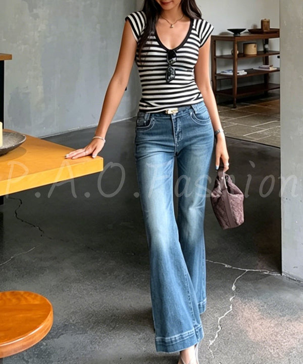 Striped V-Neck Knit Top