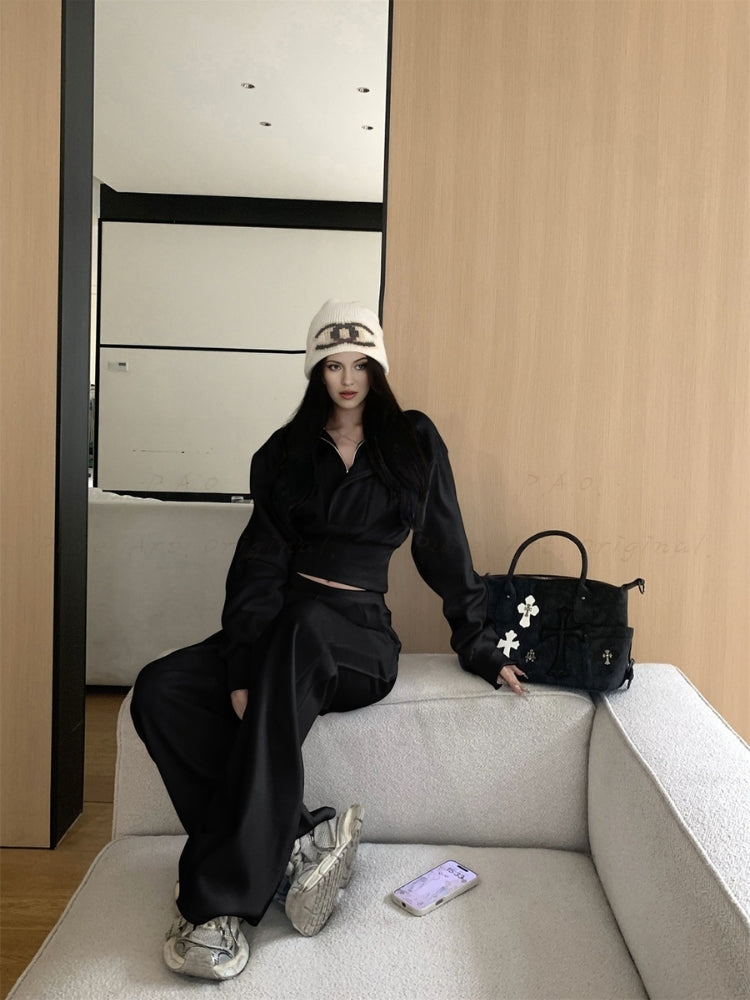 Cinched Waist Half-Zip Mock Neck Sweatshirt & Wide-Leg Pants Set