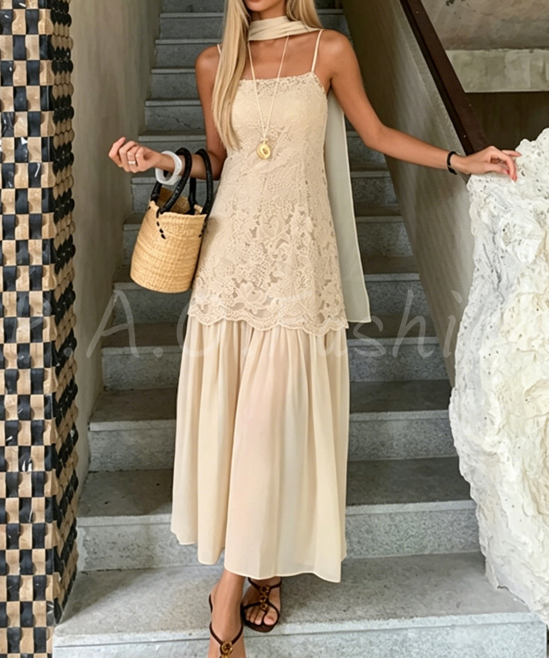 Lace Panel Slip Dress with Chiffon Scarf