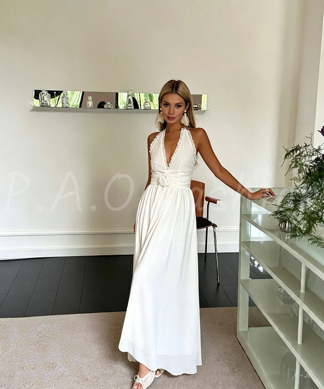 French Rose Halter Chiffon Maxi Dress
