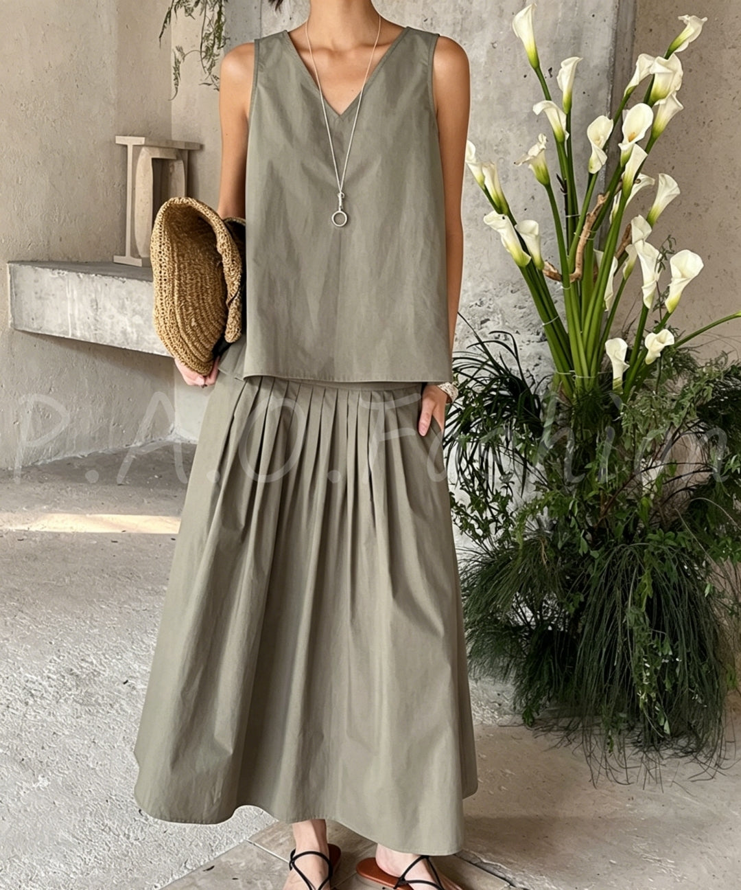 V-Neck Tank & Pleated Midi Skirt Set[Available Now]