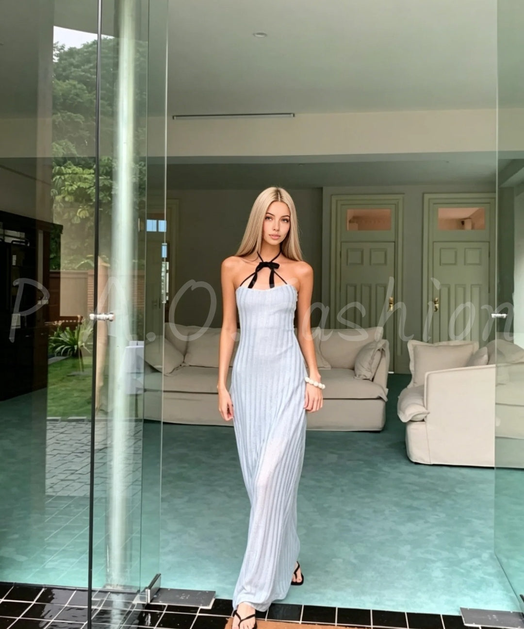 Bow Halter Ribbed Knit Mermaid Maxi Dress
