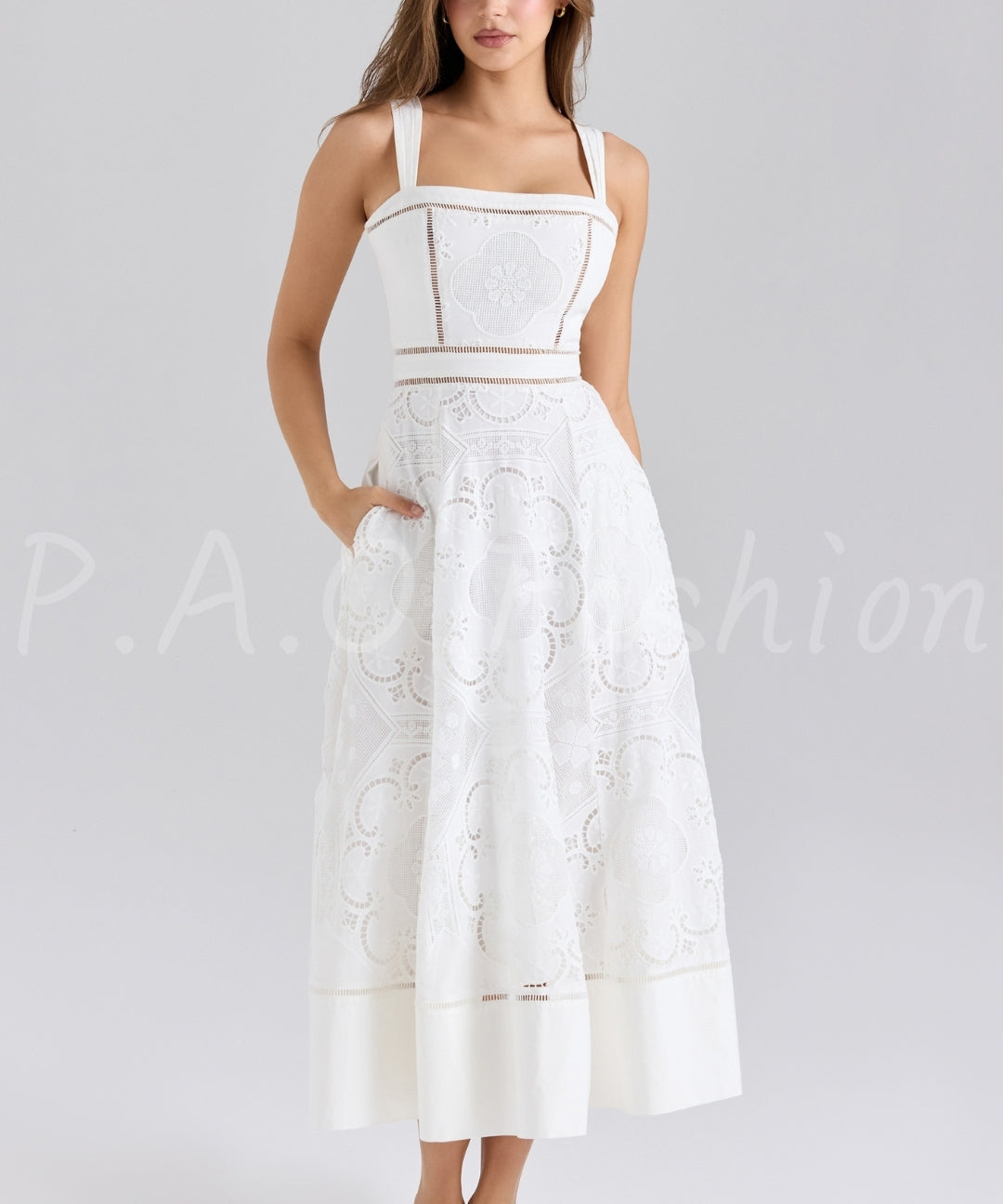 Broderie Anglaise Placement Square Neck Midi Dress[Available Now]