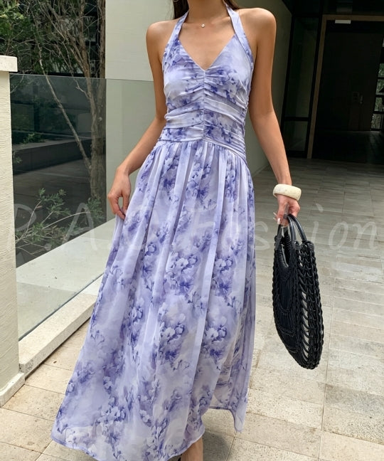 Floral Halter V-Neck Maxi Dress