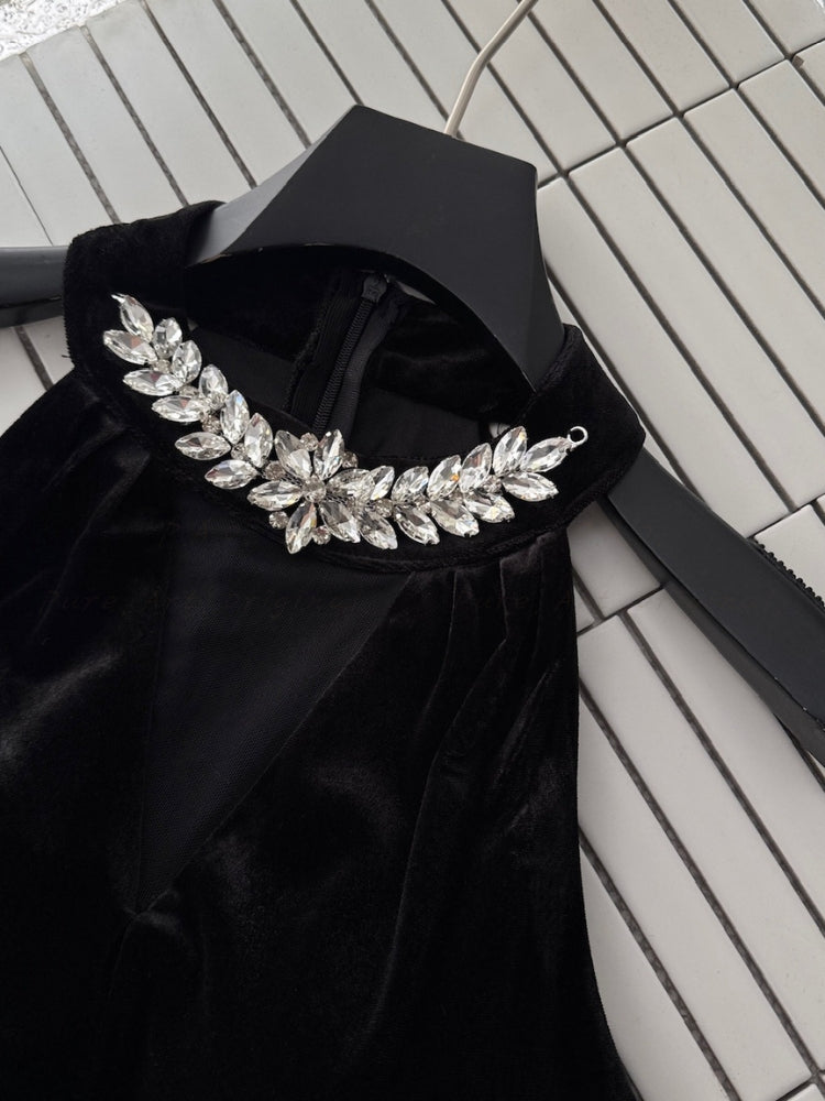 Velvet Halter V-Neck Midi Dress