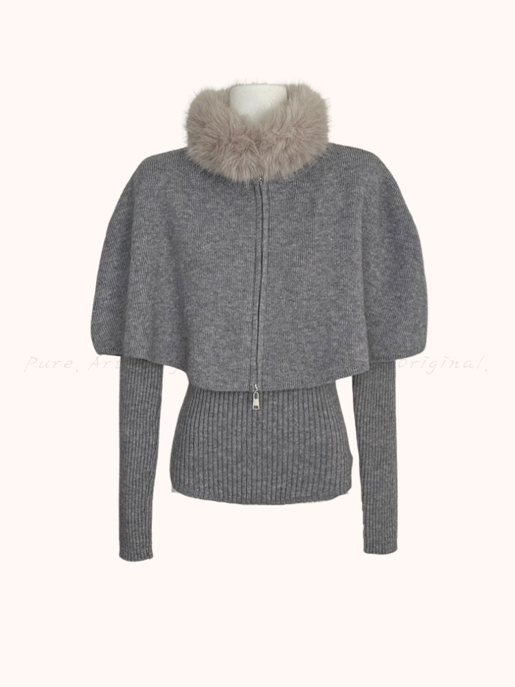 Detachable Faux Fox Fur Collar Cape Sweater Set (Multi-Way Styling)