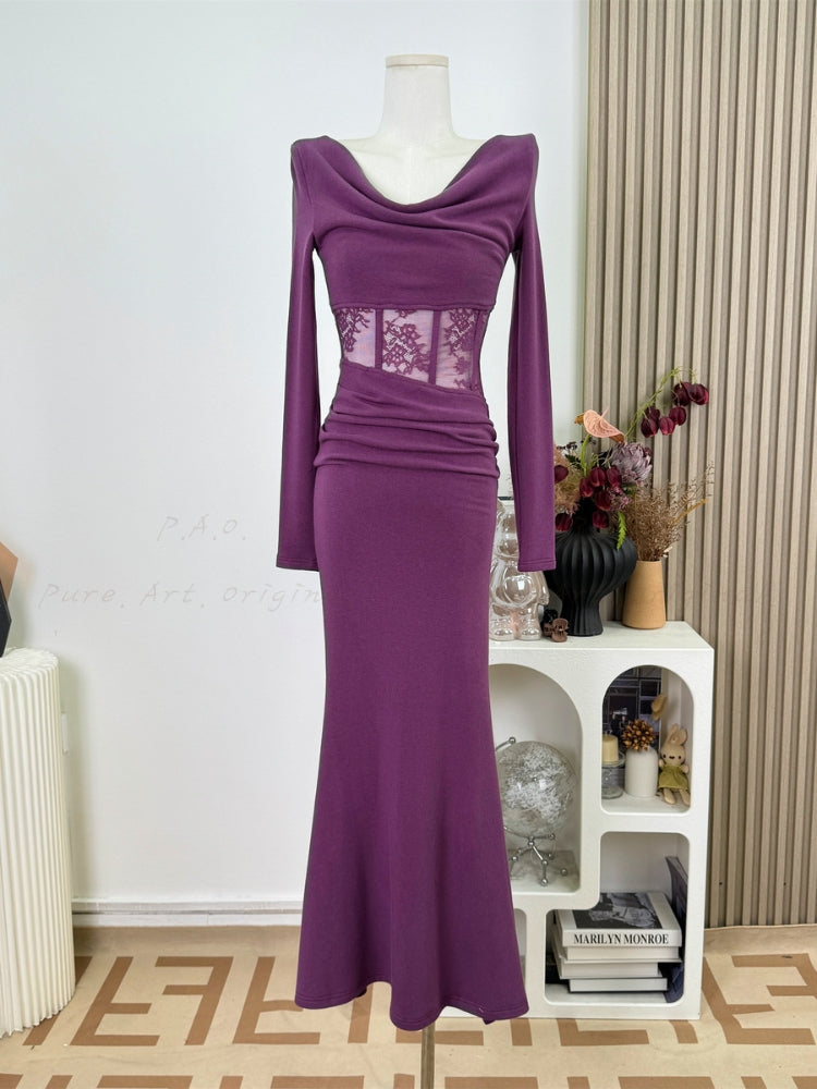 Lace Cutout Corset Detail Long Sleeve Dress