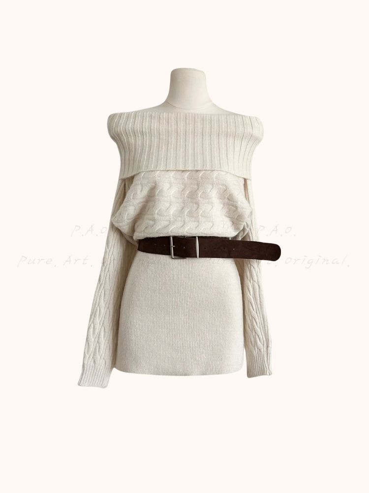High-Neck Knit Mini Dress with Belt