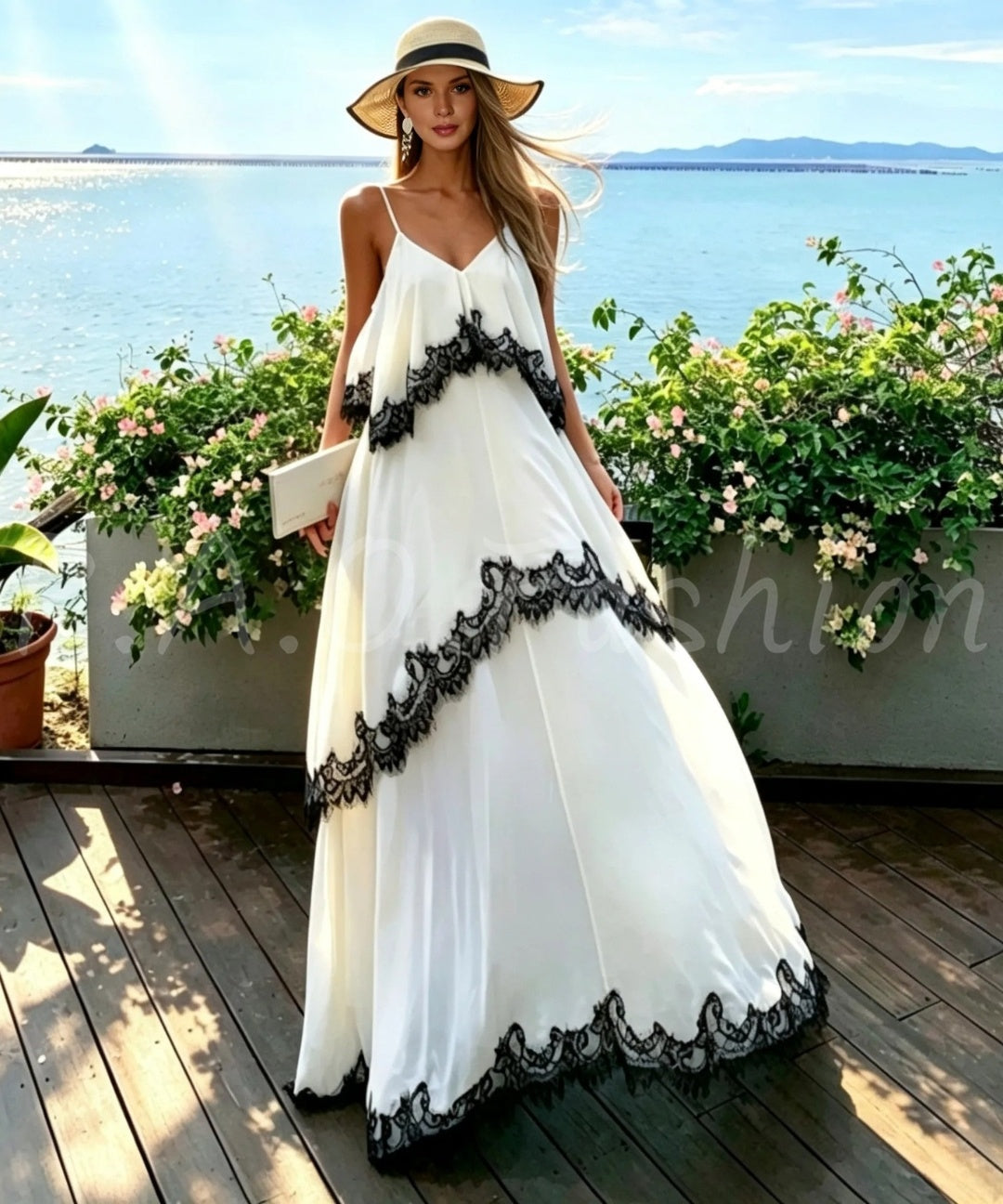 Contrast Lace Tiered Chiffon Maxi Dress