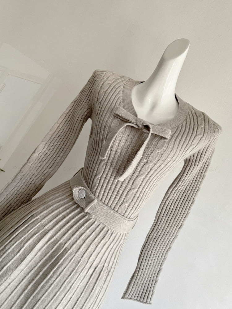 Autumn Grace – Bow Knit & Pleated Skirt Set