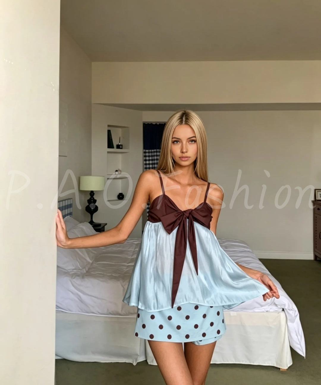 Contrast Bow Cami & Polka Dot Mini Skirt Two-Piece Set