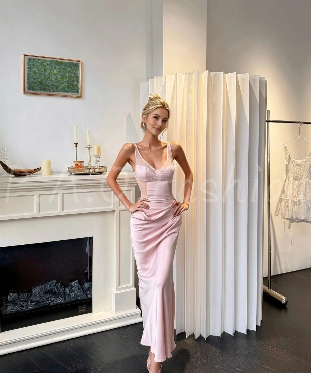 Soft Pink Satin Mesh Cutout Mermaid Gown