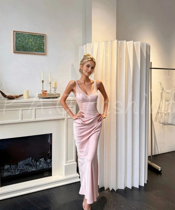 Soft Pink Satin Mesh Cutout Mermaid Gown