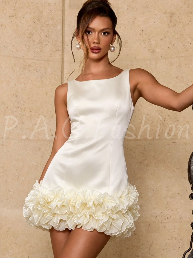 Satin Ruffle Sleeveless Mini Dress