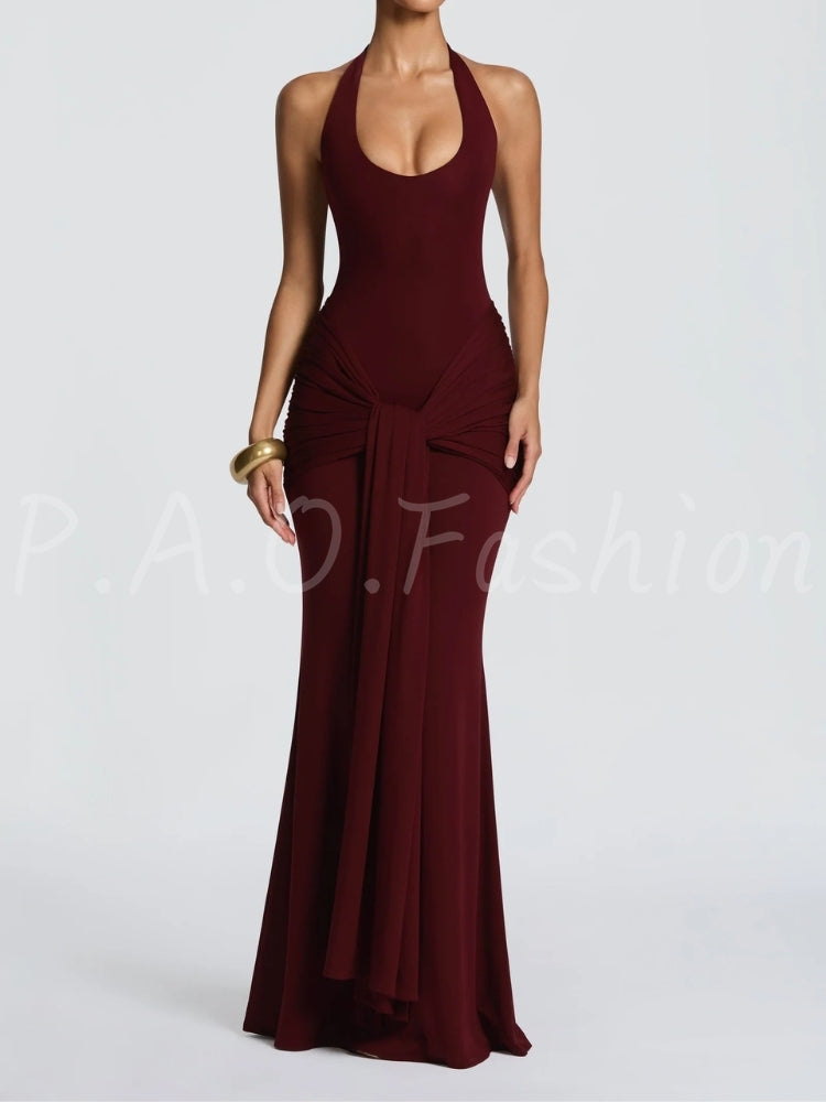 Twist Halter Ruched Open-Back Mermaid Maxi Dress