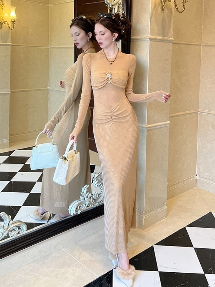 Rhinestone Embellished Bodycon Maxi Dress