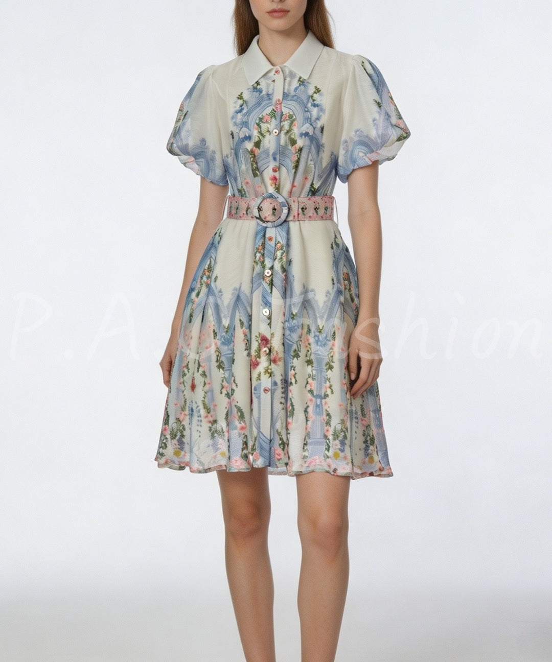 Garden Print Puff Sleeve Waist Dress[Available Now]