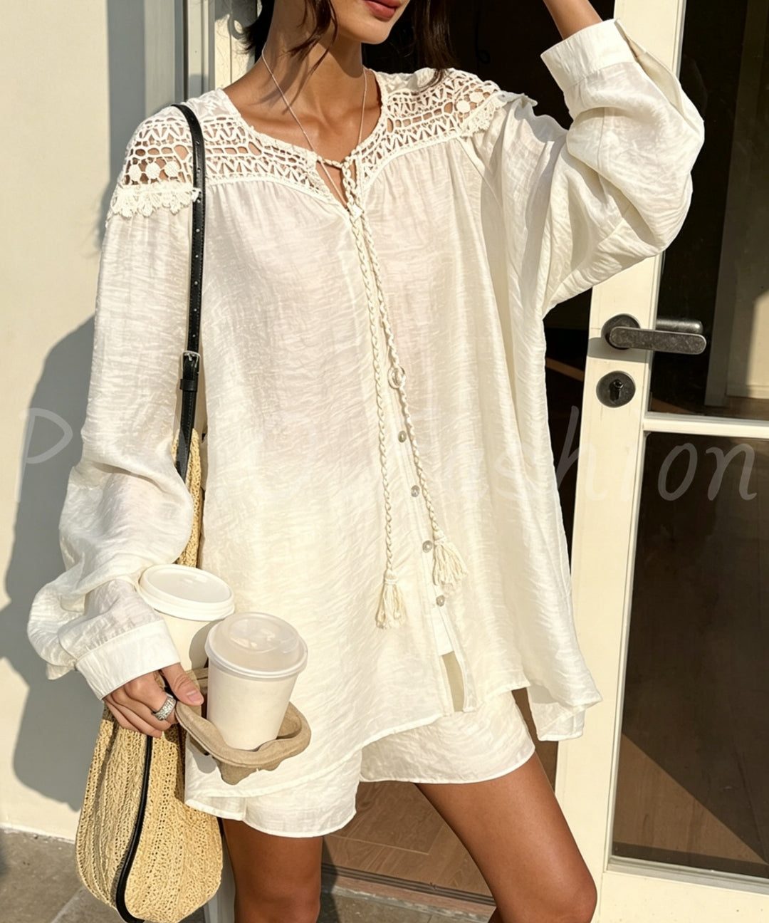 Tencel-Acetate Blend Lace Panel Shirt & Shorts Set[Available Now]