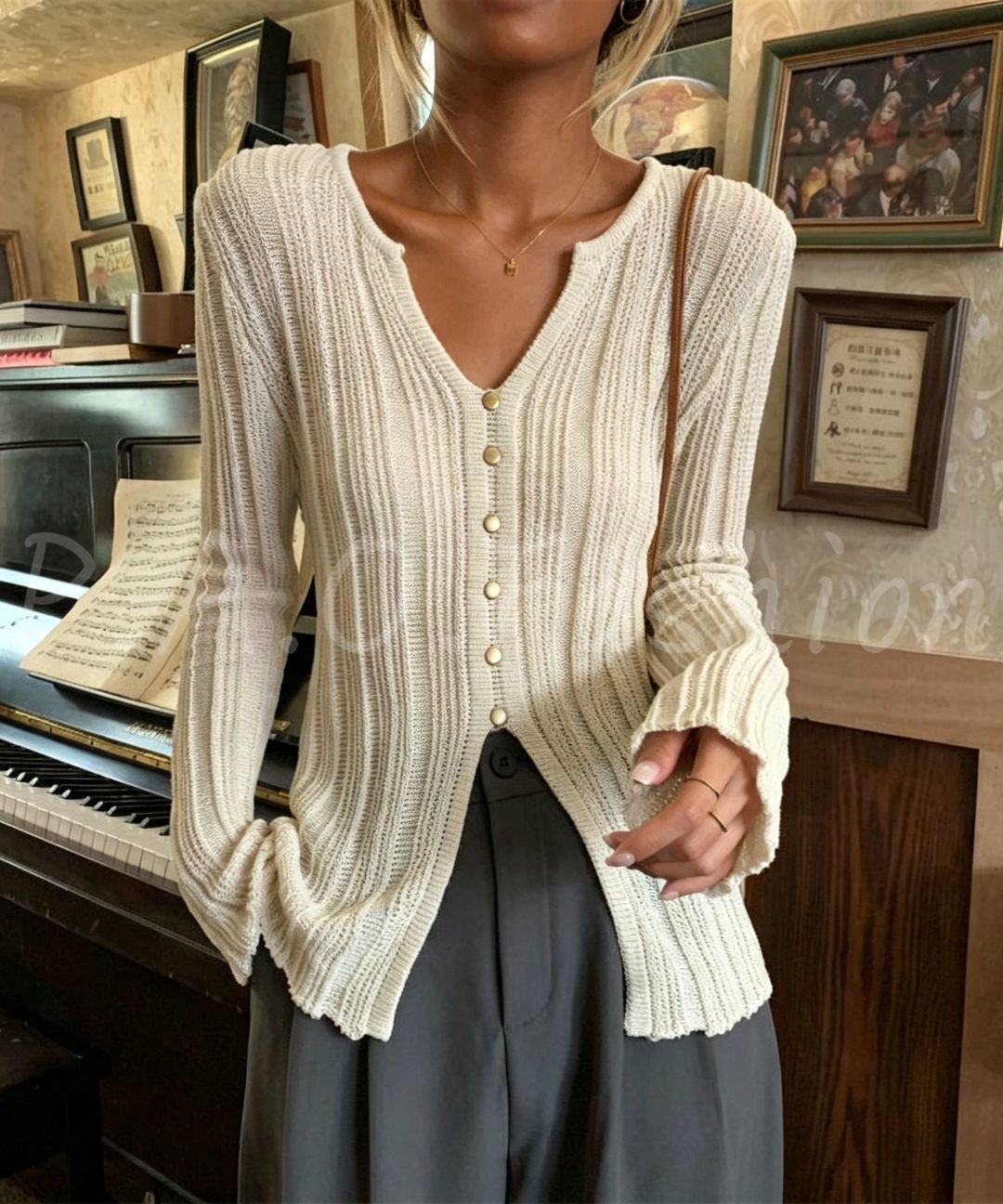 Ribbed V-Neck Button Knit Cardigan