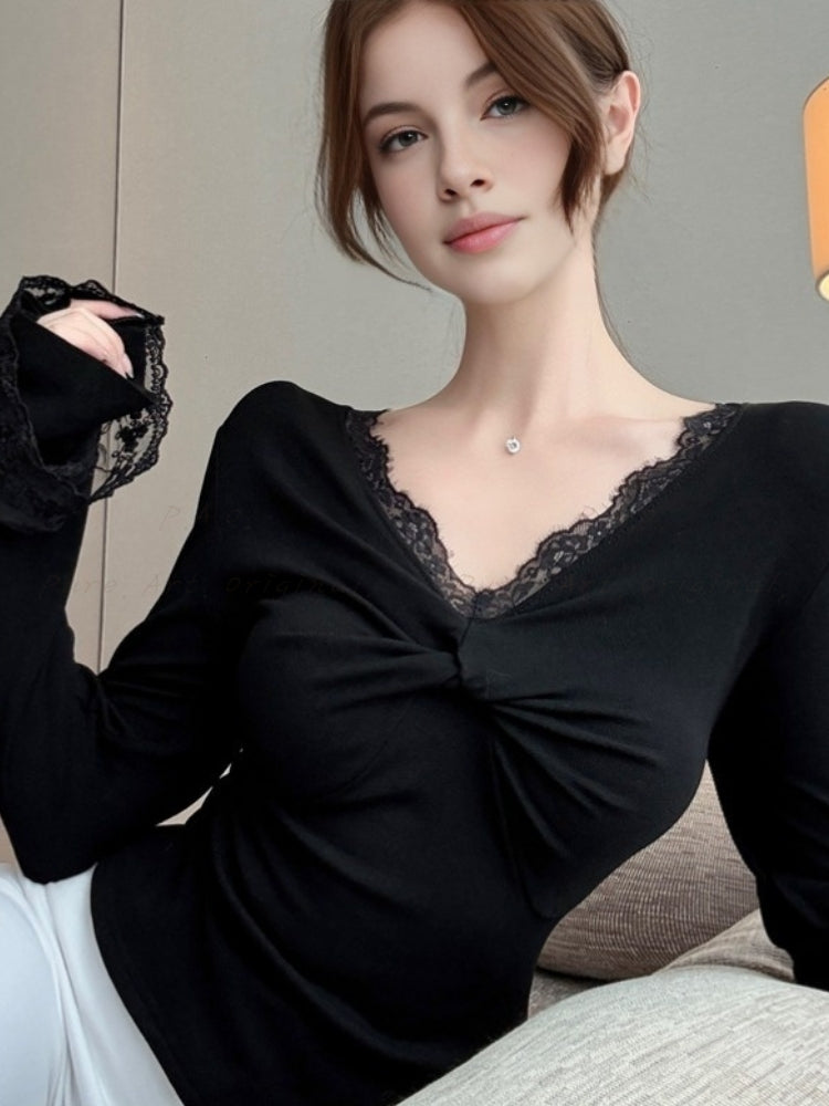 Lace Trim V-Neck Fleece-Lined Long Sleeve T-Shirt