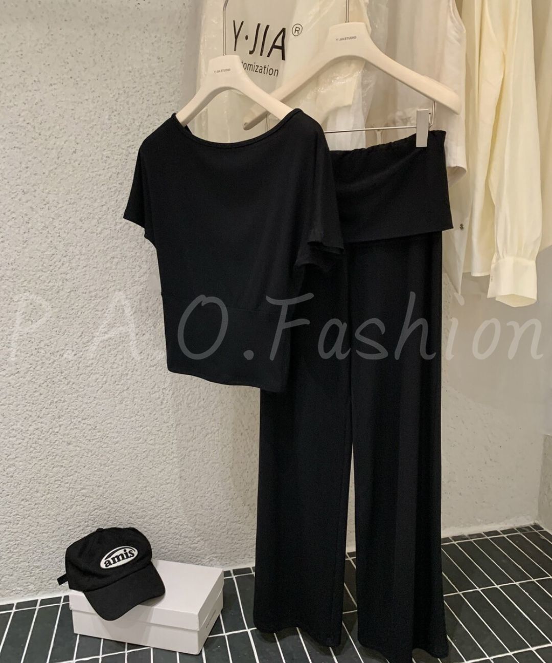 Off-Shoulder Ruched Top & Foldover Wide-Leg Pants Set