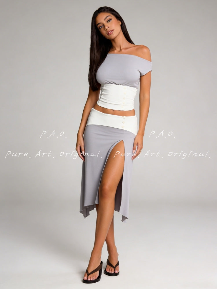 Contrast Off-Shoulder Waist-Cinch Skirt Set