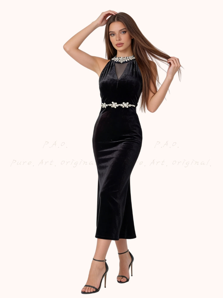 Velvet Halter V-Neck Midi Dress