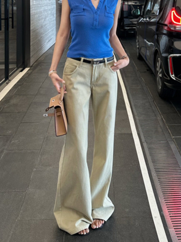 Light Khaki Straight-Leg Casual Flared Pants