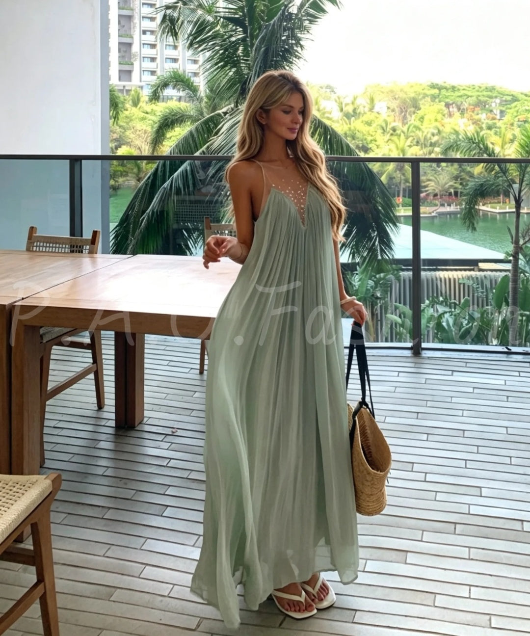 Beaded Mesh Pleated Maxi Dress