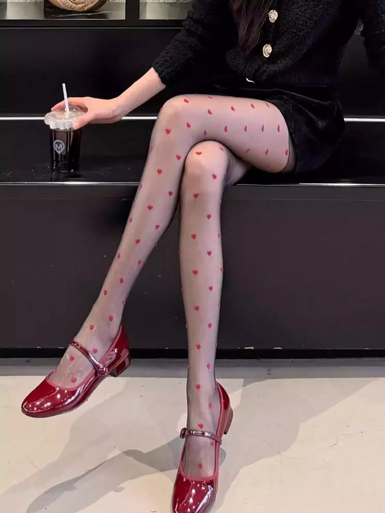 Heart & Polka Dot Patterned Sheer Tights