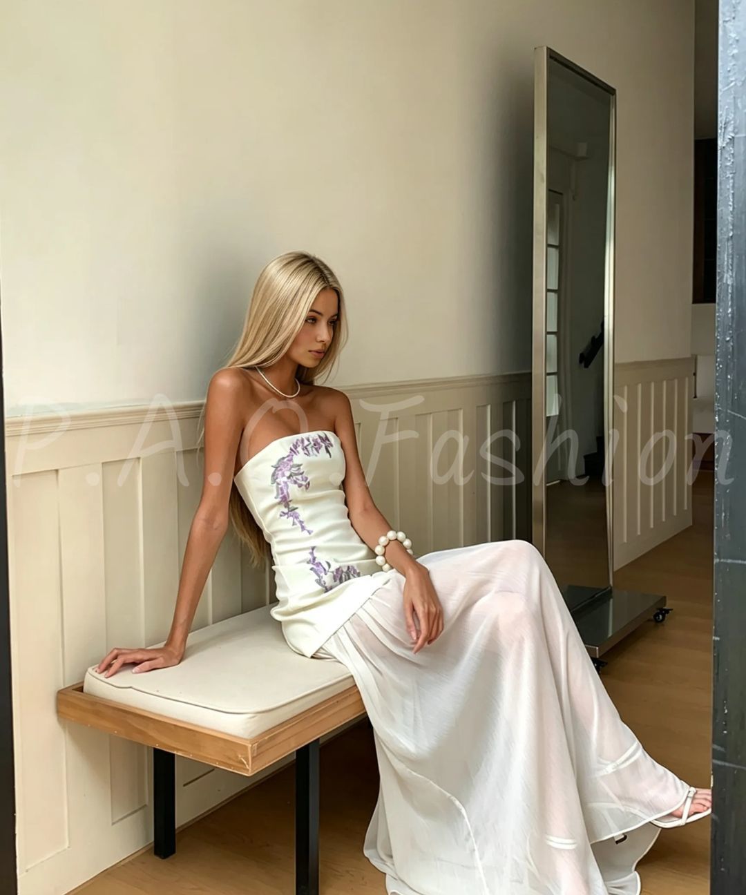 Wisteria Embroidered Strapless Pleated Chiffon Maxi Dress