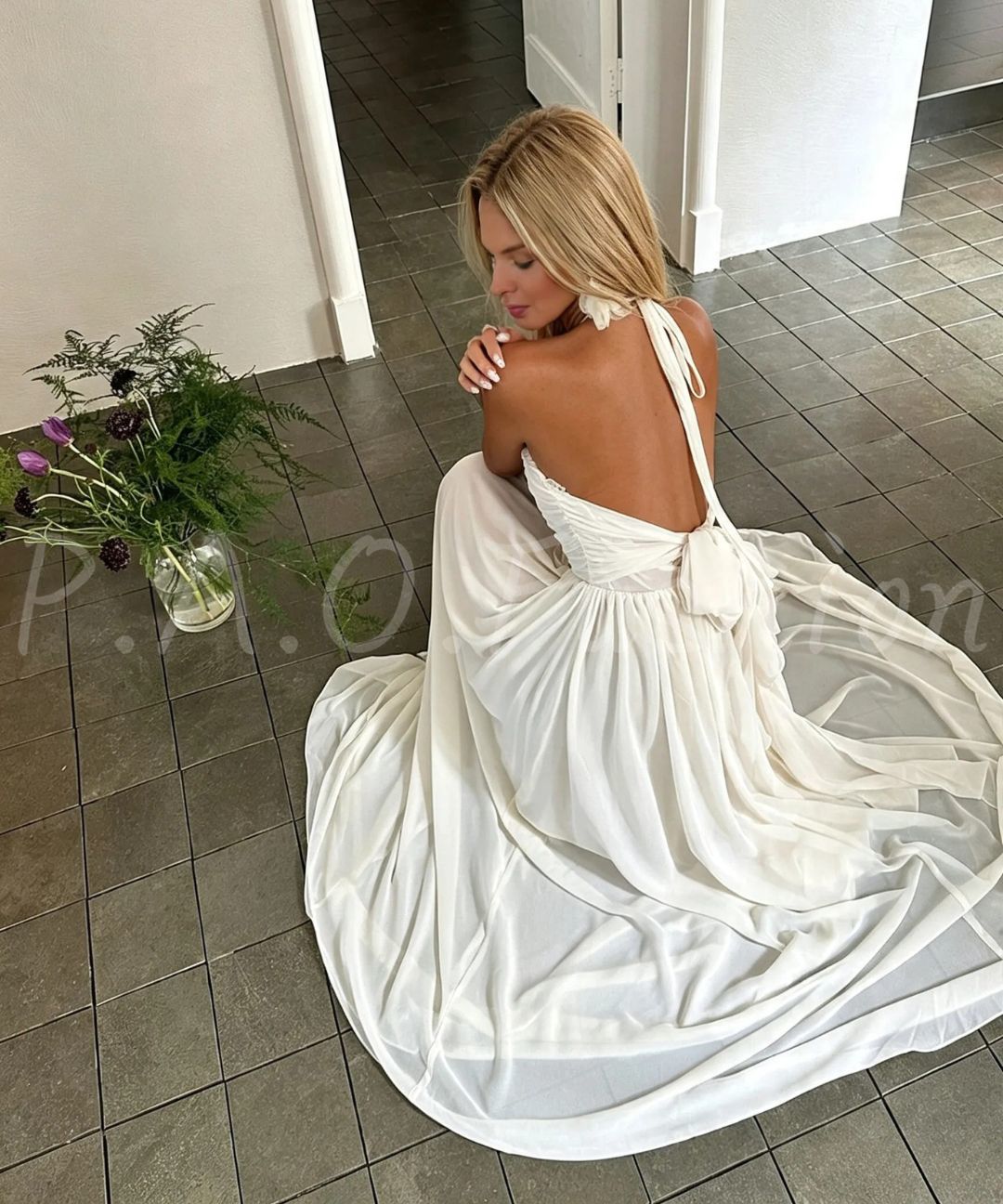 French Rose Halter Chiffon Maxi Dress