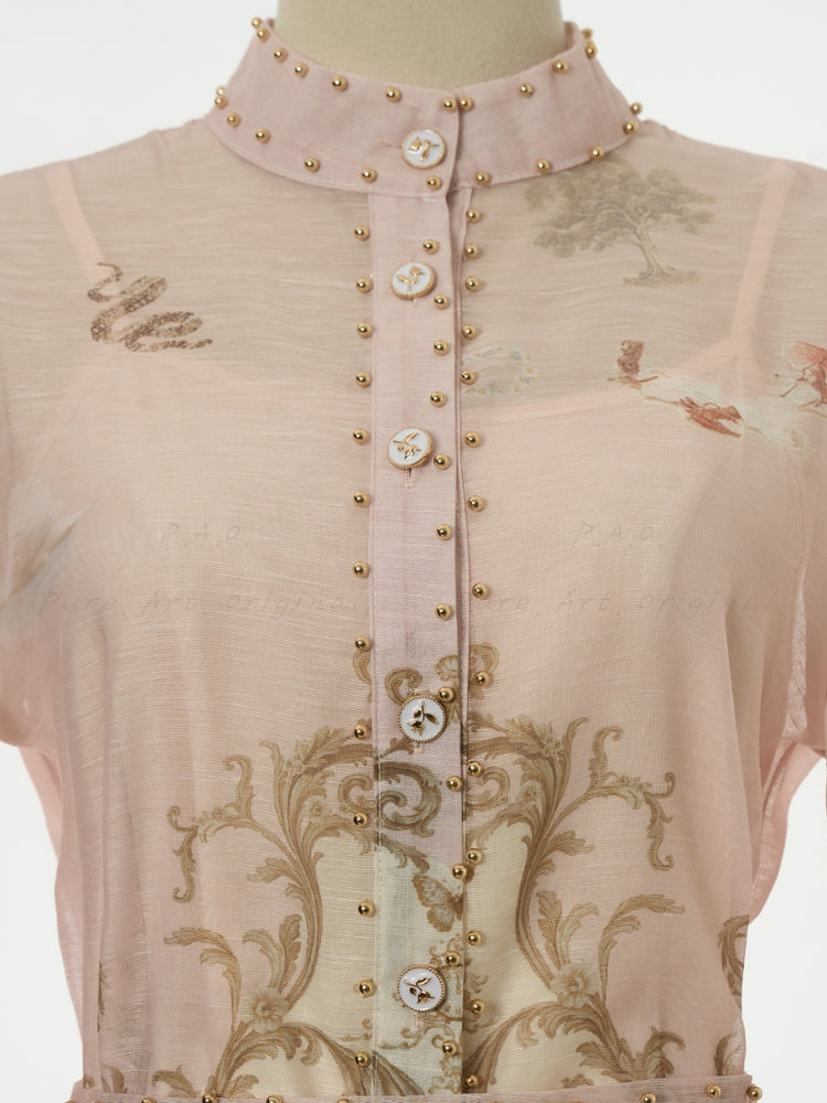 Vintage Print Collar Top & Flared Mini Skirt 3-Piece Set