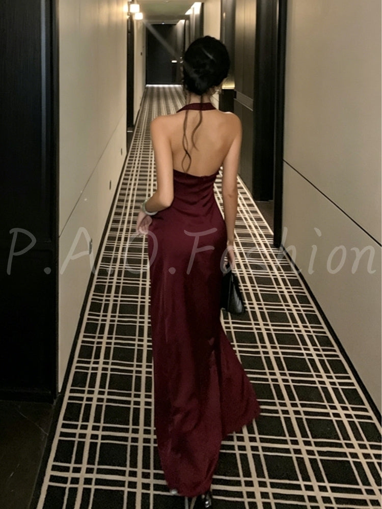 Burgundy Satin Cowl Halter Maxi Dress
