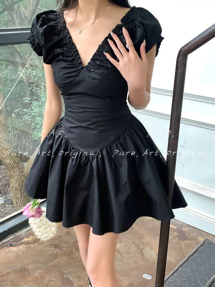 French Vintage Puff Sleeve Mini Dress