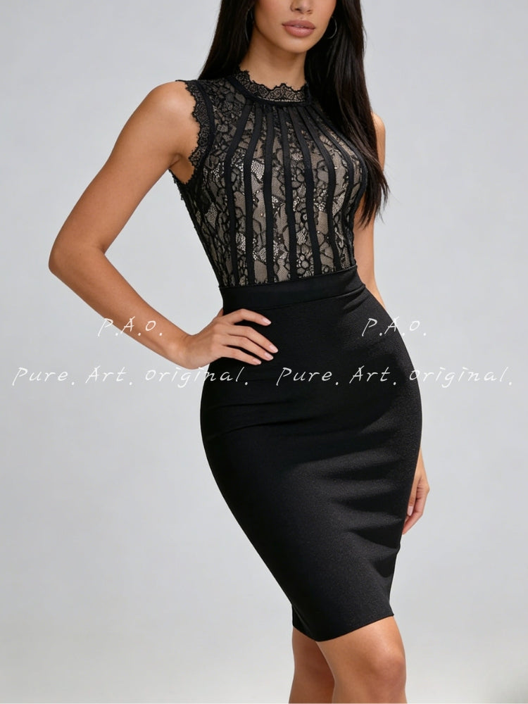 Lace High-Neck Sculpting Bandage Midi Dress