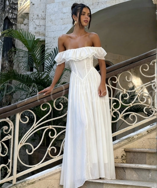 Off-Shoulder Ruffle Corset Maxi Dress