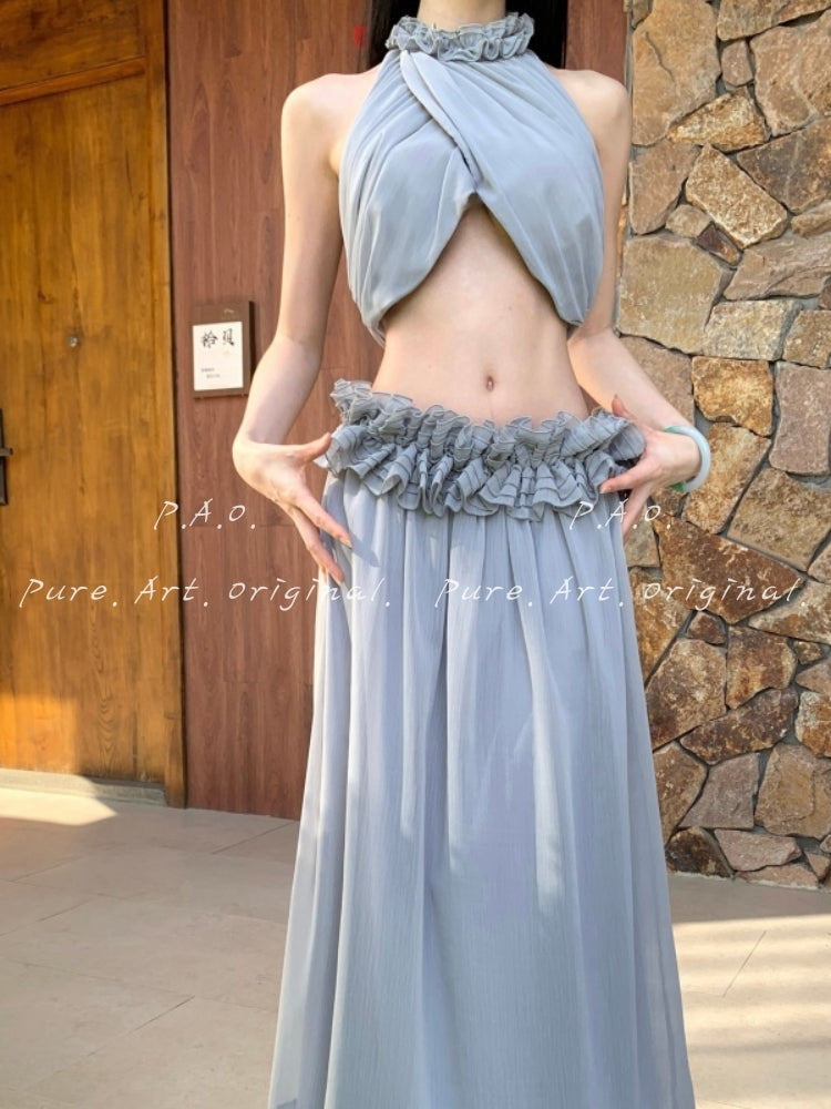 ÉLAN HALTER CUT-OUT RUFFLE TWO-PIECE MAXI SET