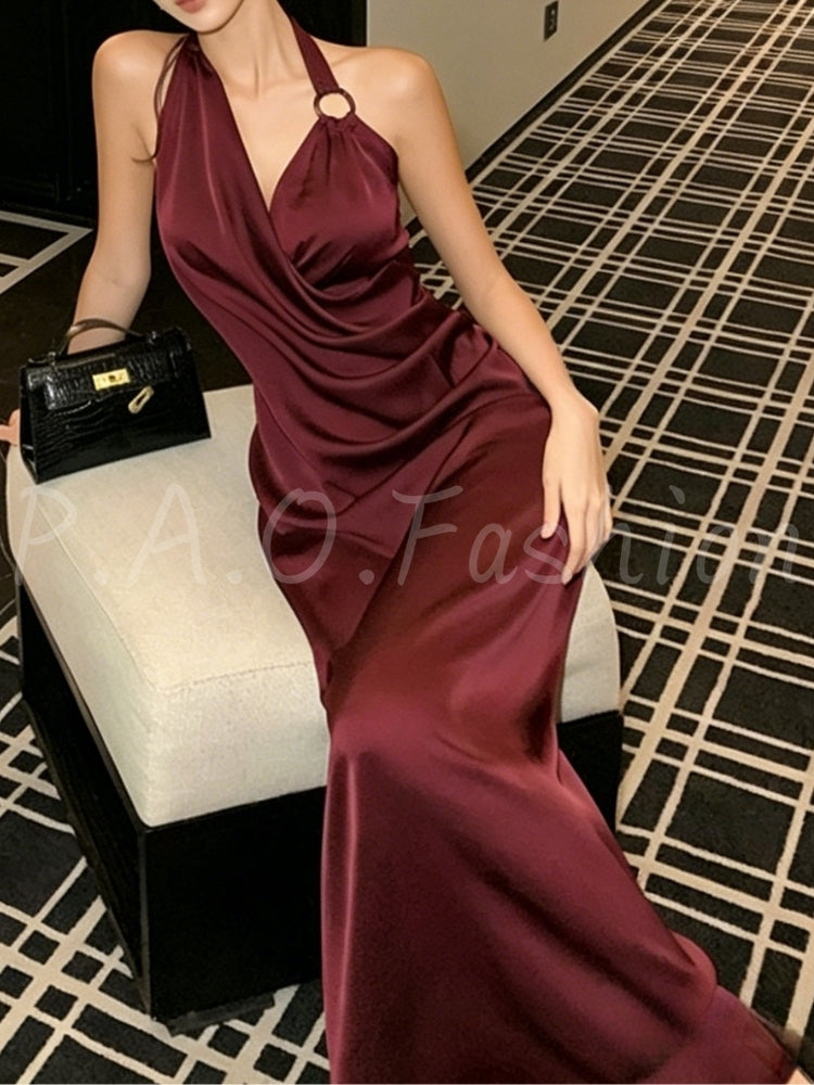Burgundy Satin Cowl Halter Maxi Dress