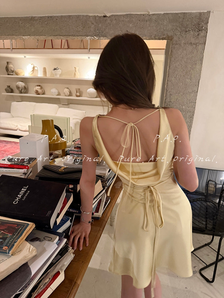 SOLENE SATIN COWL BACKLESS MINI DRESS