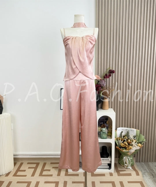 Satin Halter Scarf Top & Wide-Leg Pants Set