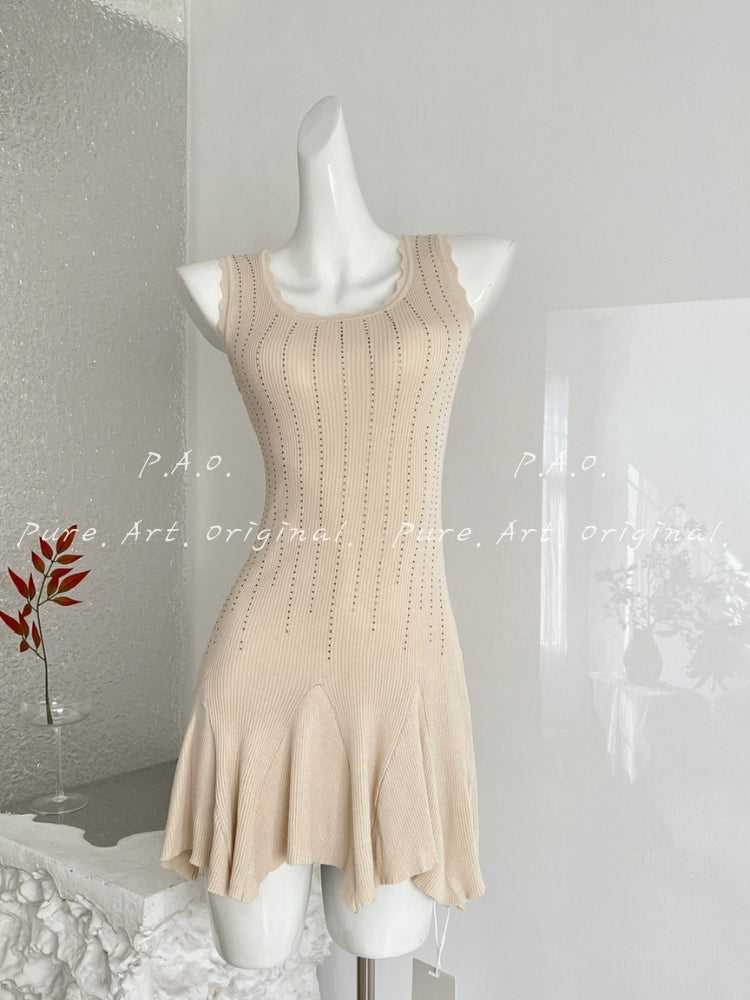 Sleeveless Ribbed Rhinestone Ruffle Knit Dress