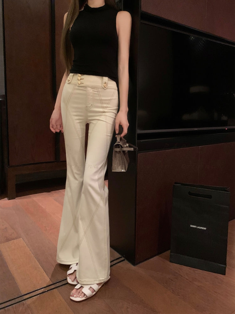 Gold-Button Contrast Stitch Stretch Flared Jeans