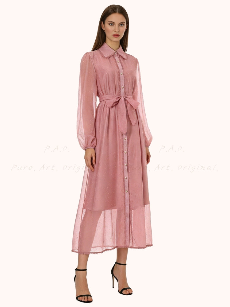 Rhinestone Organza Trim Tie-Waist Maxi Dress