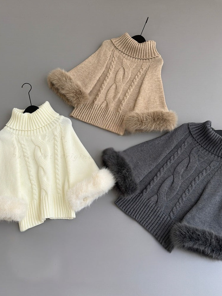 Faux Fox Fur Cuff Turtleneck Wool-Blend Cable Knit Sweater