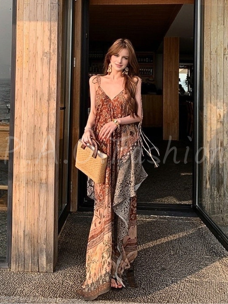 Boho Print Tassel Halter Flowy Maxi Dress